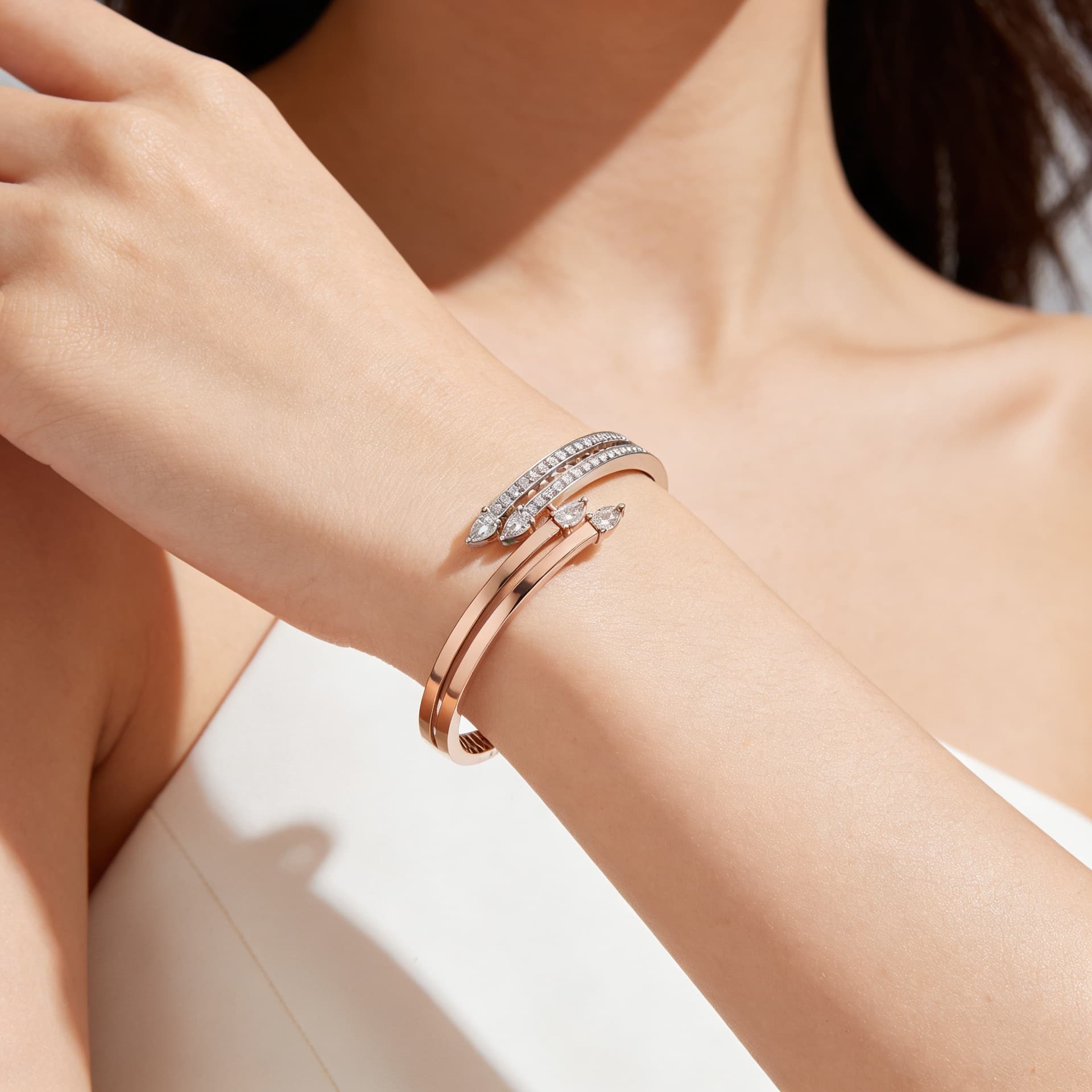 The Hiya Signature IV Twin Rail Diamond Bracelet in Rose & White Gold 