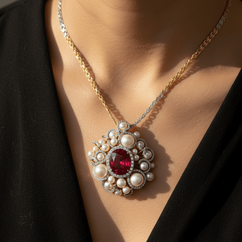 The Peregrinus Ruby Pearl Imperial Rosette Pendant