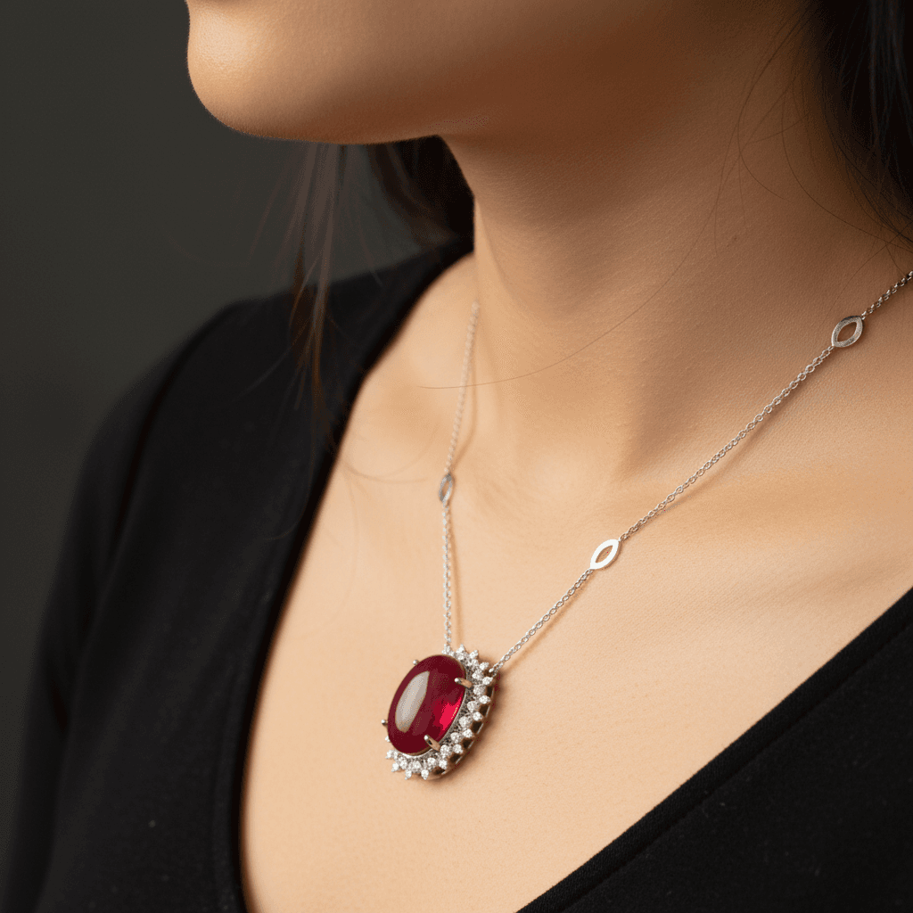 The Peregrinus Ruby Cabochon Halo Drops Pendant 