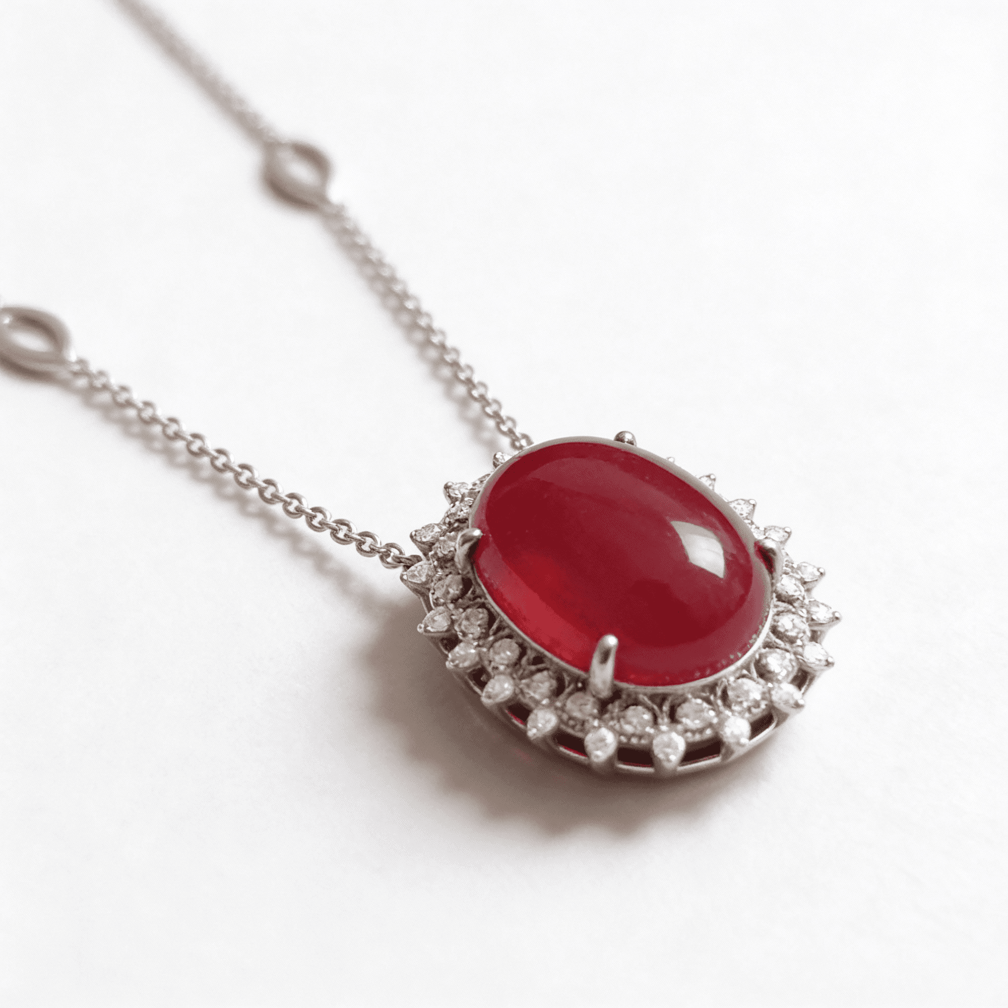 The Peregrinus Ruby Cabochon Halo Drops Pendant  - 4