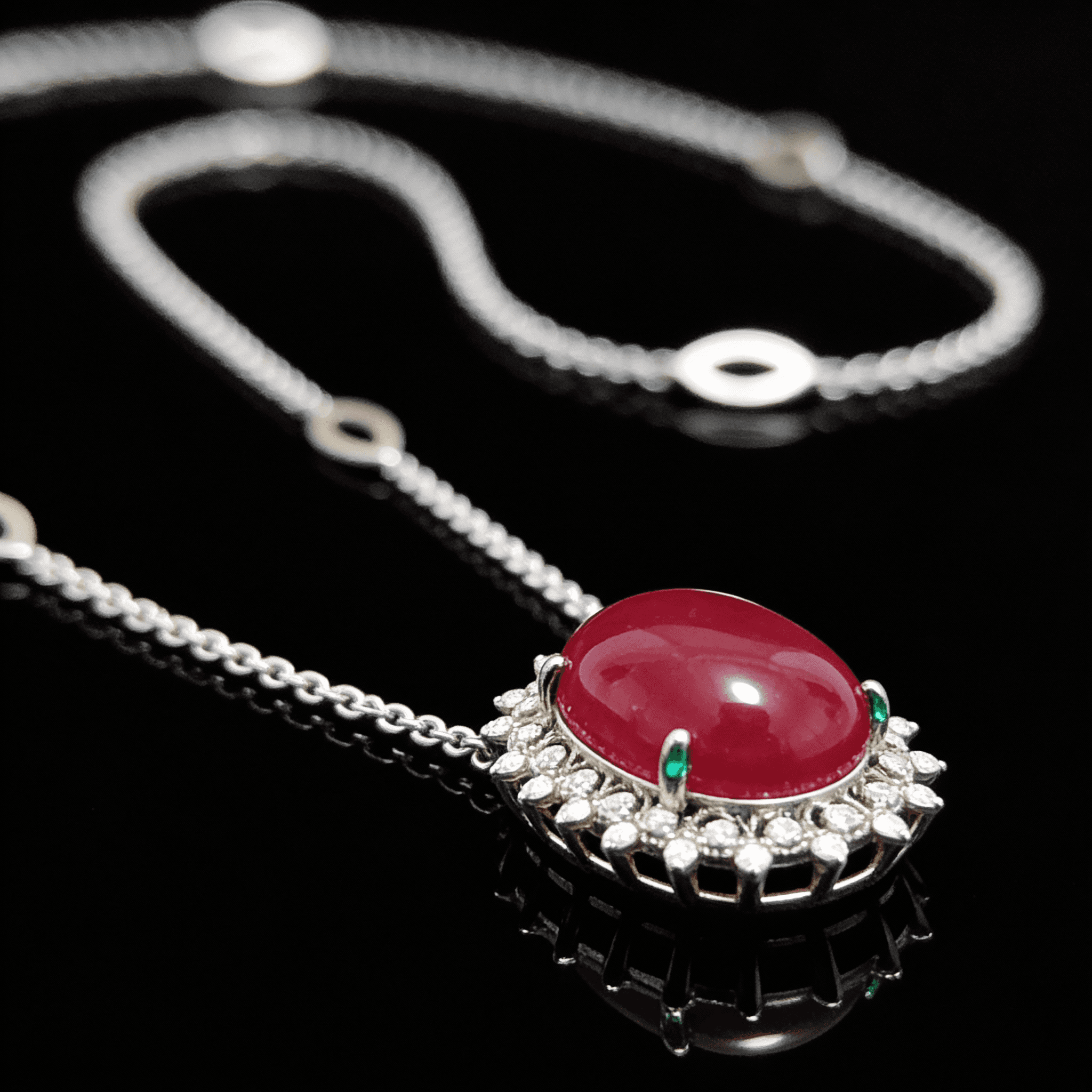 The Peregrinus Ruby Cabochon Halo Drops Pendant  - 7