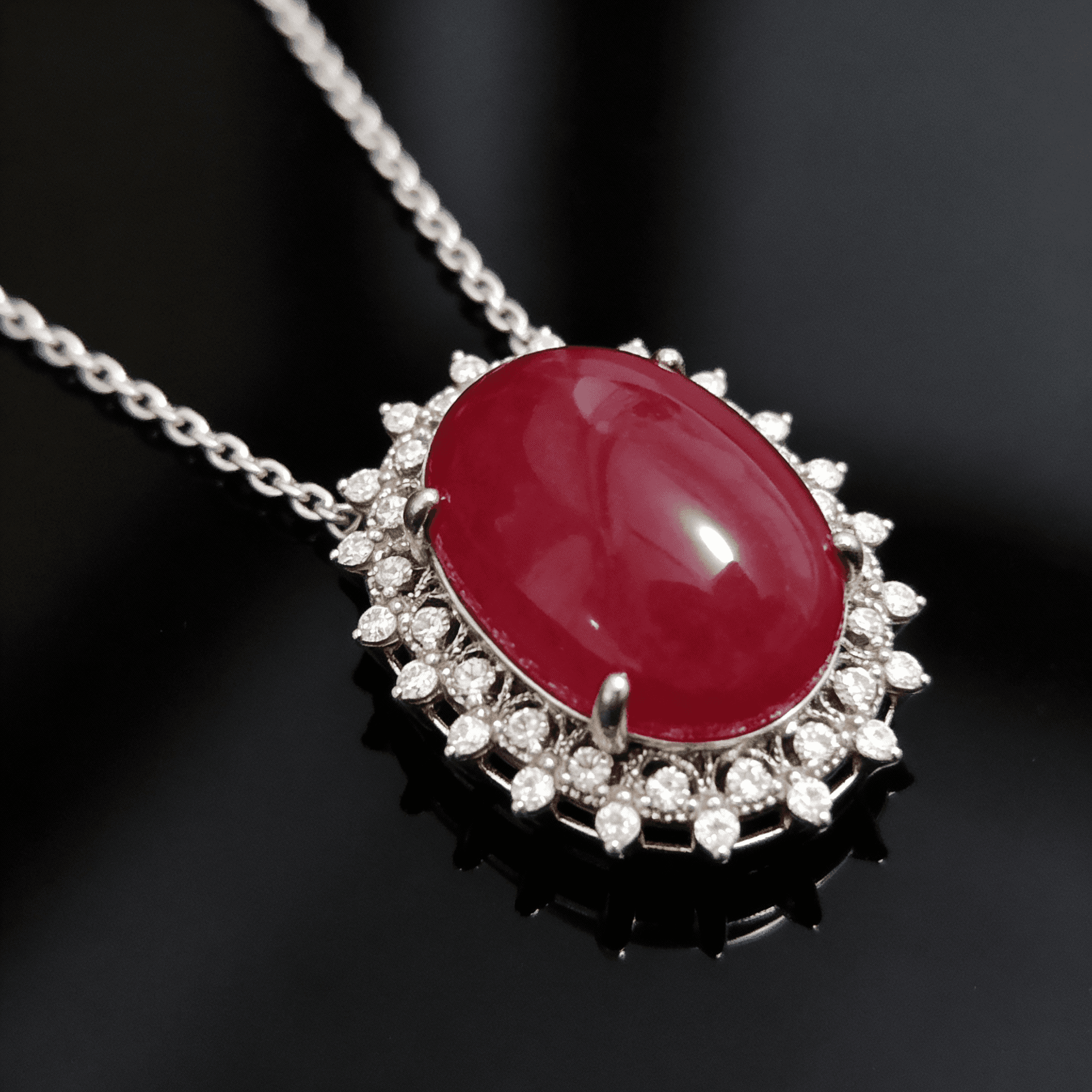 The Peregrinus Ruby Cabochon Halo Drops Pendant  - 8