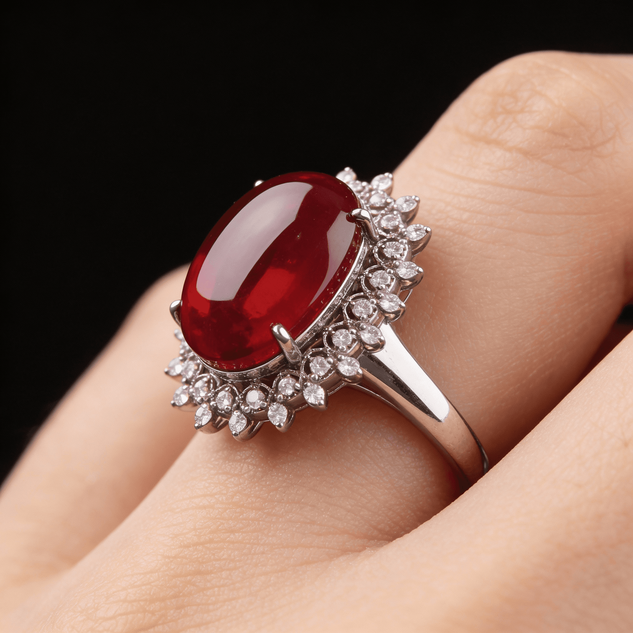 The Peregrinus Ruby Cabochon Halo Drops Ring