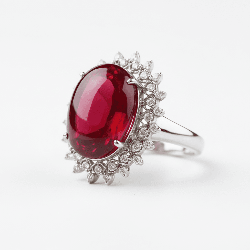 The Peregrinus Ruby Cabochon Halo Drops Ring - 3