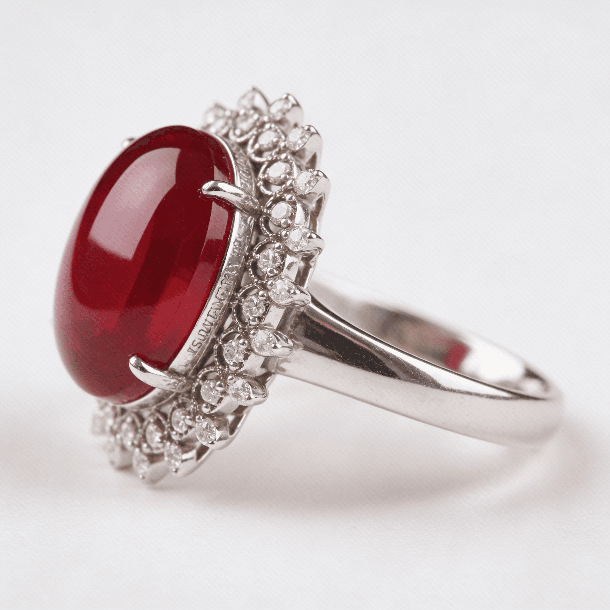 The Peregrinus Ruby Cabochon Halo Drops Ring - 4