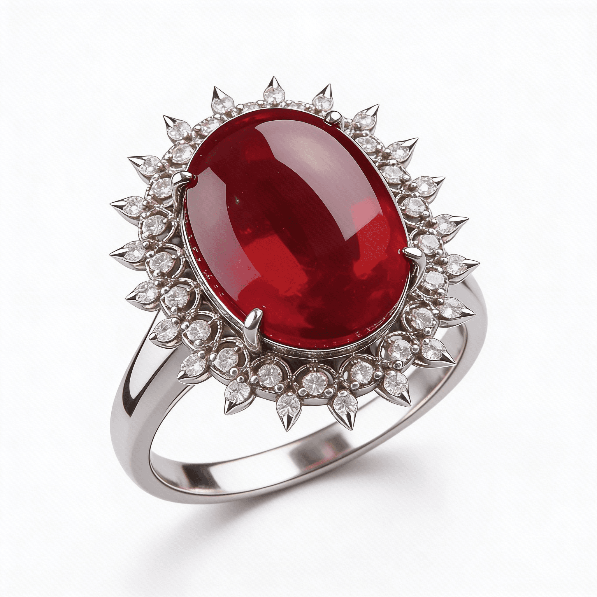 The Peregrinus Ruby Cabochon Halo Drops Ring - 5