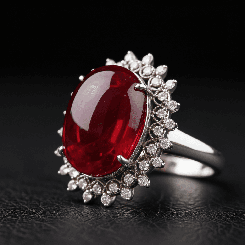 The Peregrinus Ruby Cabochon Halo Drops Ring - 6
