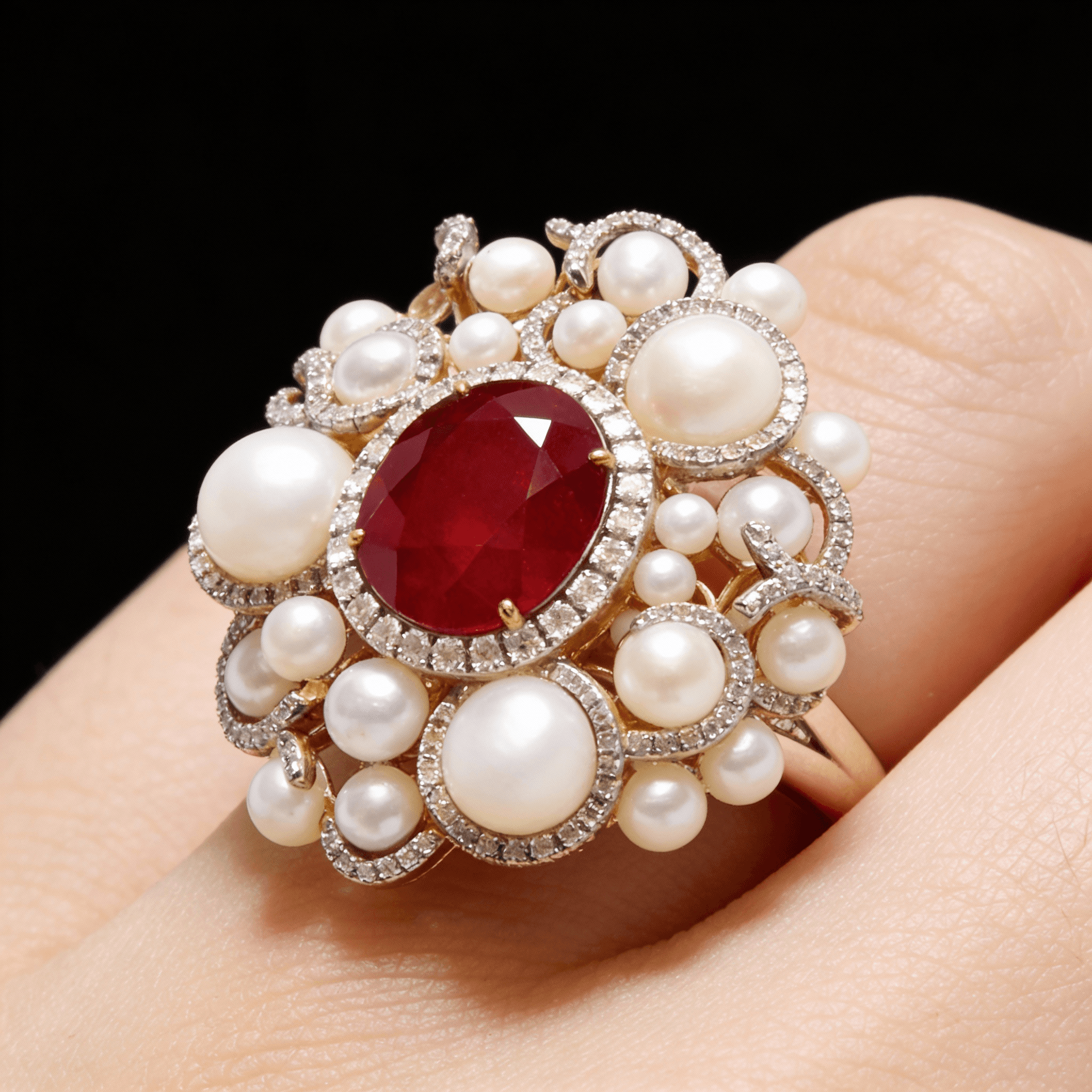 The Peregrinus Ruby Pearl Imperial Rosette Ring