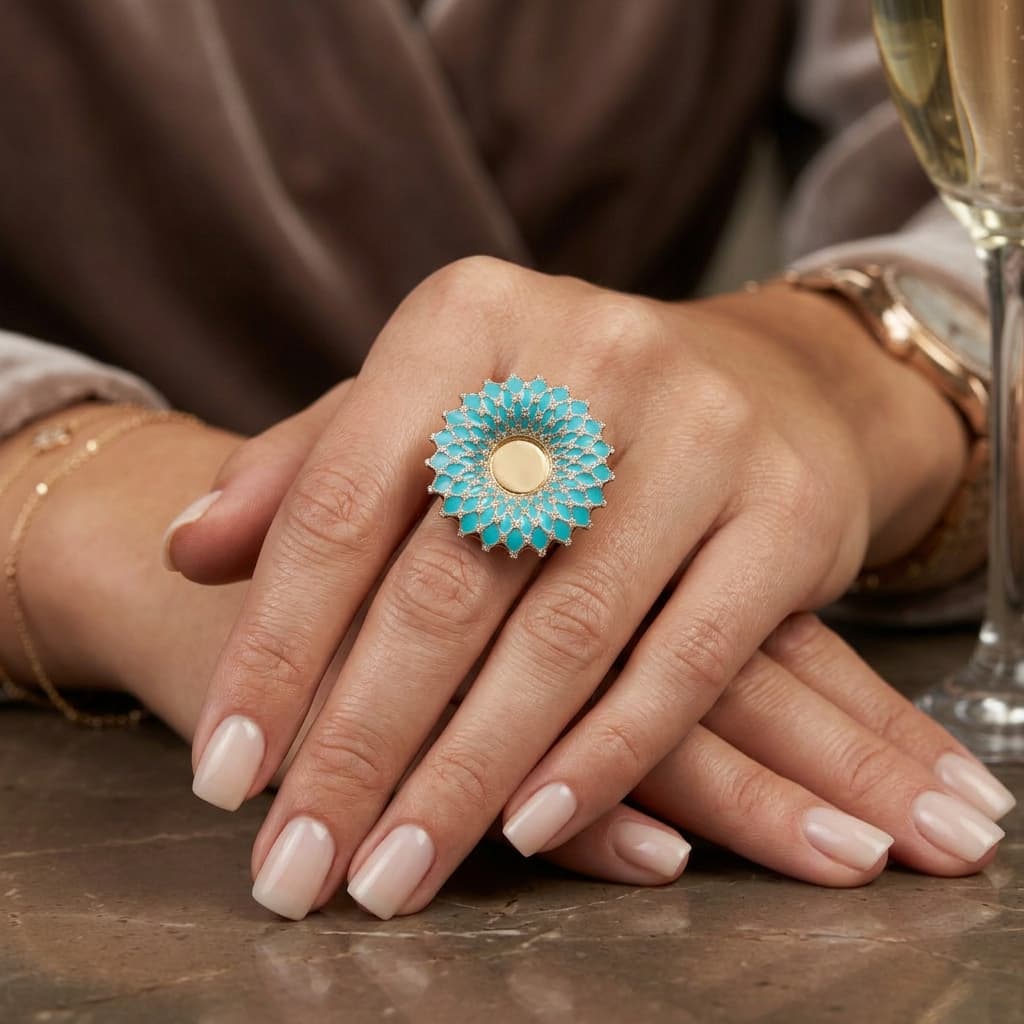 Ö d’Azure Turquoise Enamel Dome Ring in Rose Gold