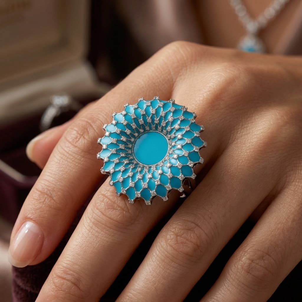 Ö d’Azure Turquoise Enamel Dome Ring in White Gold