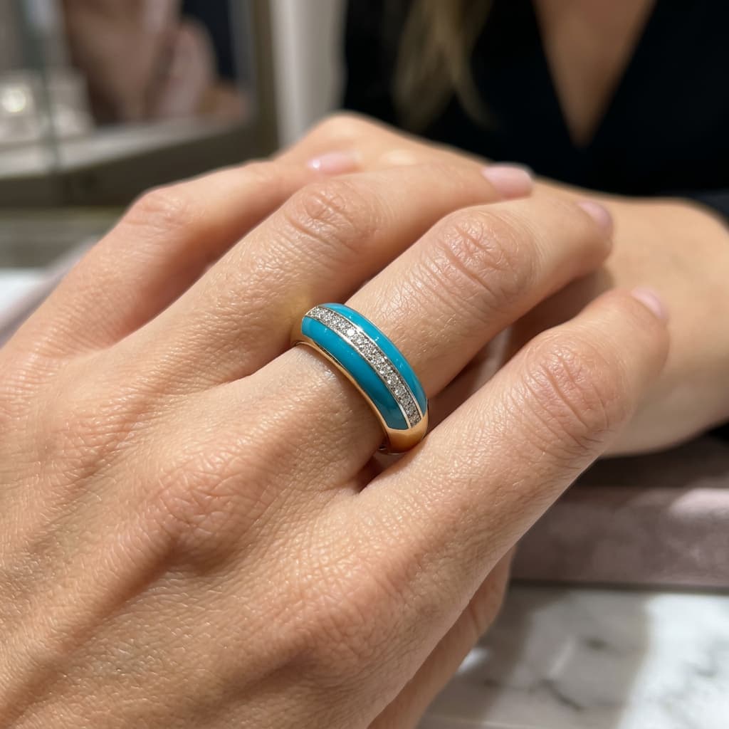 Ö d’Azure Turquoise Enamel Pavé Band Ring in Yellow Gold 