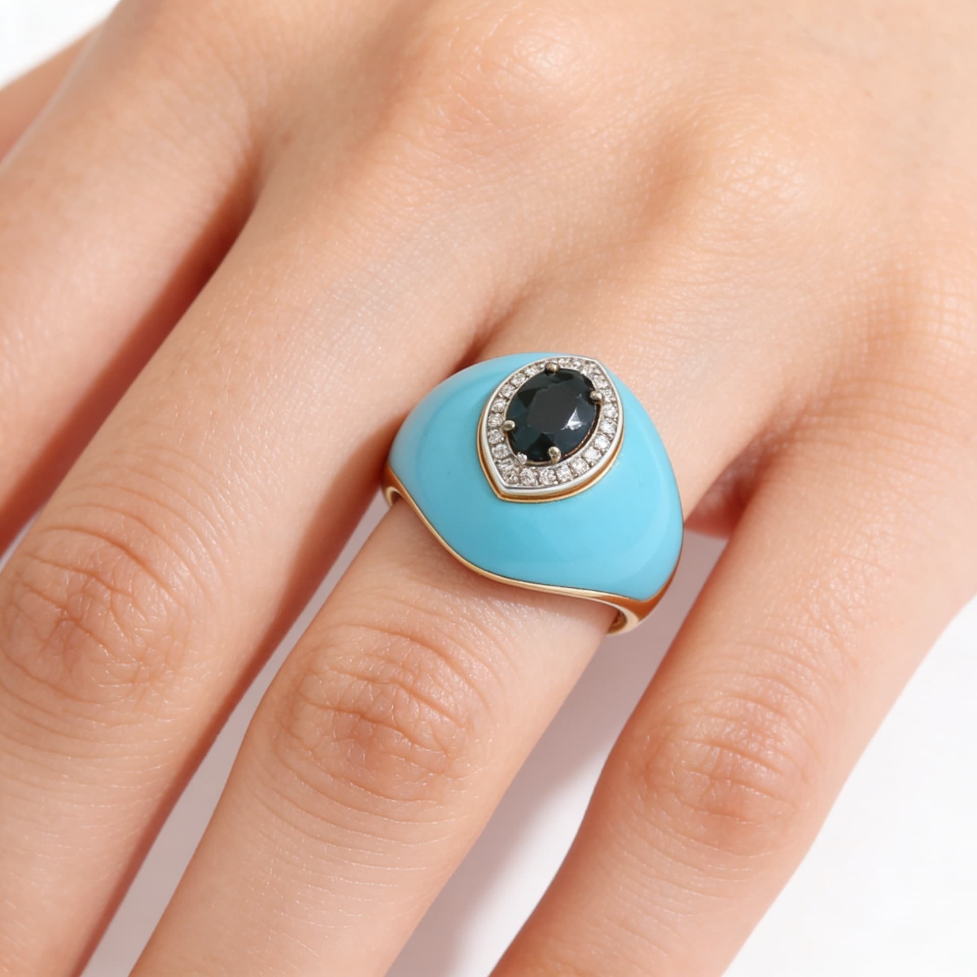 Ö d’Azure Sapphire Drop Turquoise Enamel Ring in Yellow Gold