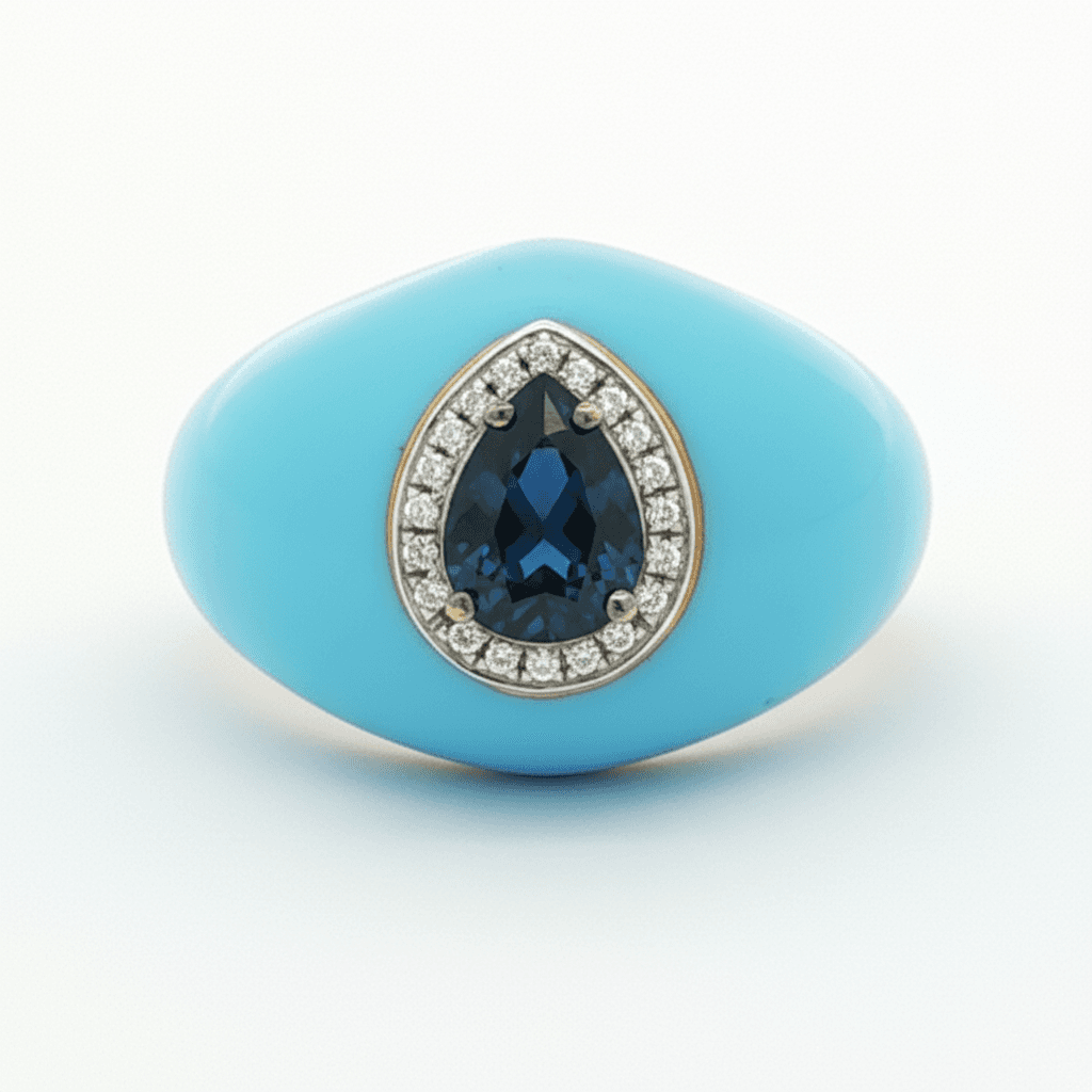 Ö d’Azure Sapphire Drop Turquoise Enamel Ring in Yellow Gold - 4
