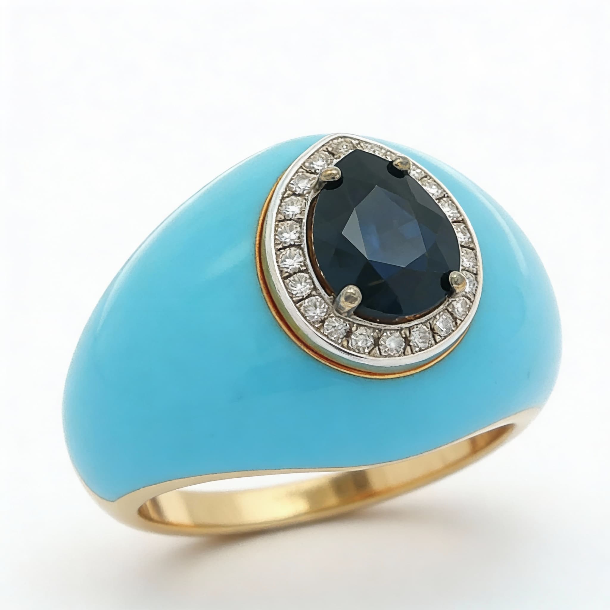 Ö d’Azure Sapphire Drop Turquoise Enamel Ring in Yellow Gold - 6