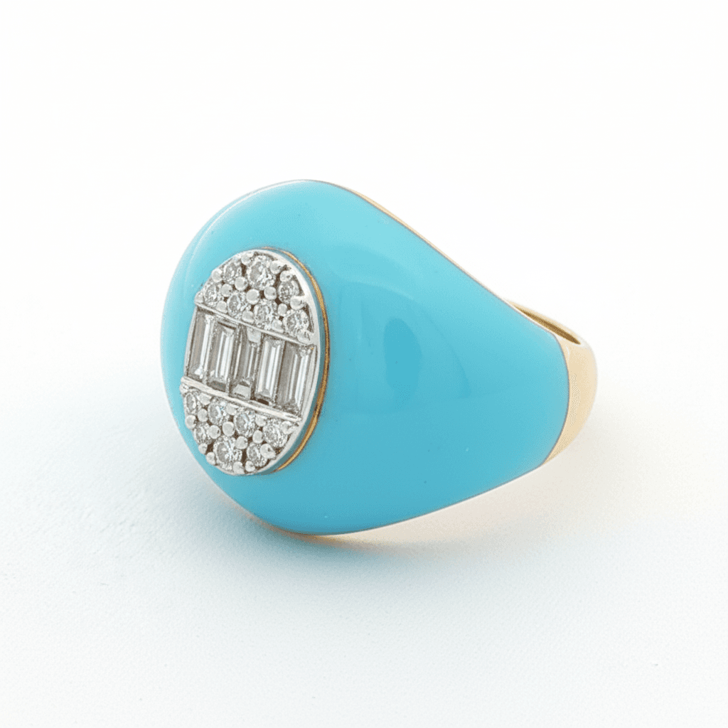 Ö d’Azure Dome Diamond Cluster Turquoise Enamel Ring in Yellow Gold - 3