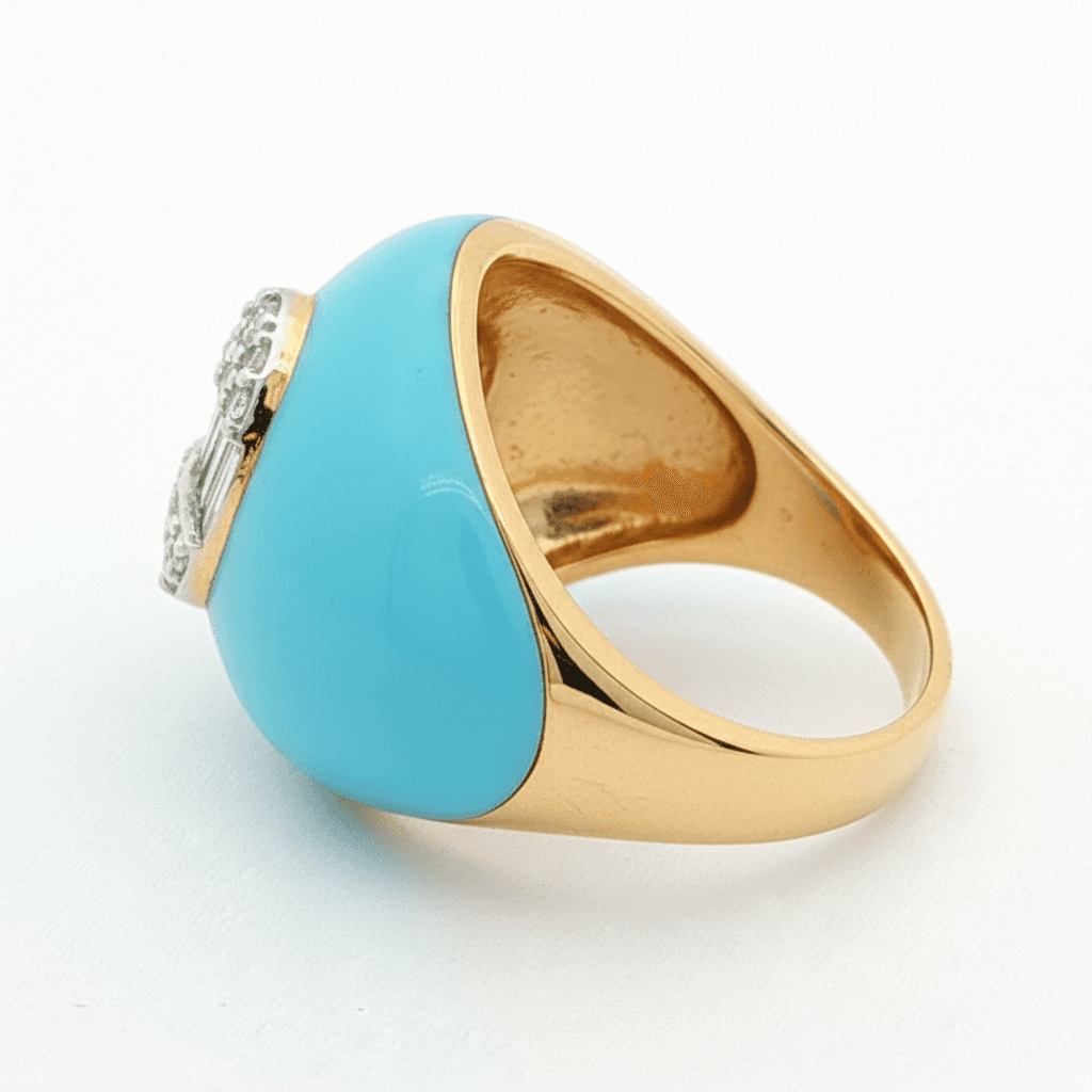 Ö d’Azure Dome Diamond Cluster Turquoise Enamel Ring in Yellow Gold - 4