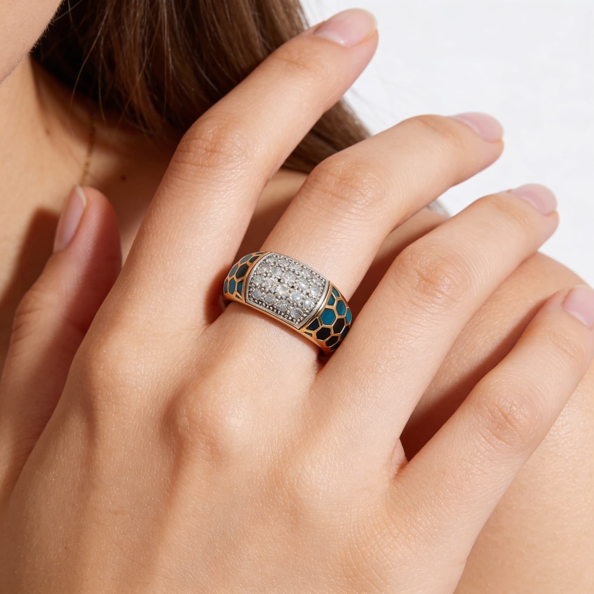 Ö d’Azure Hexagon Pavé Diamond Turquoise Enamel Band in Yellow Gold
