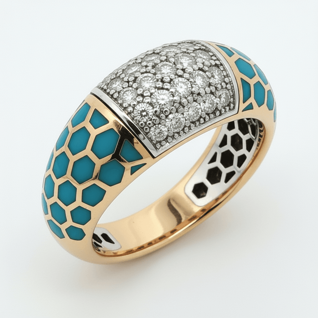 Ö d’Azure Hexagon Pavé Diamond Turquoise Enamel Band in Yellow Gold - 3