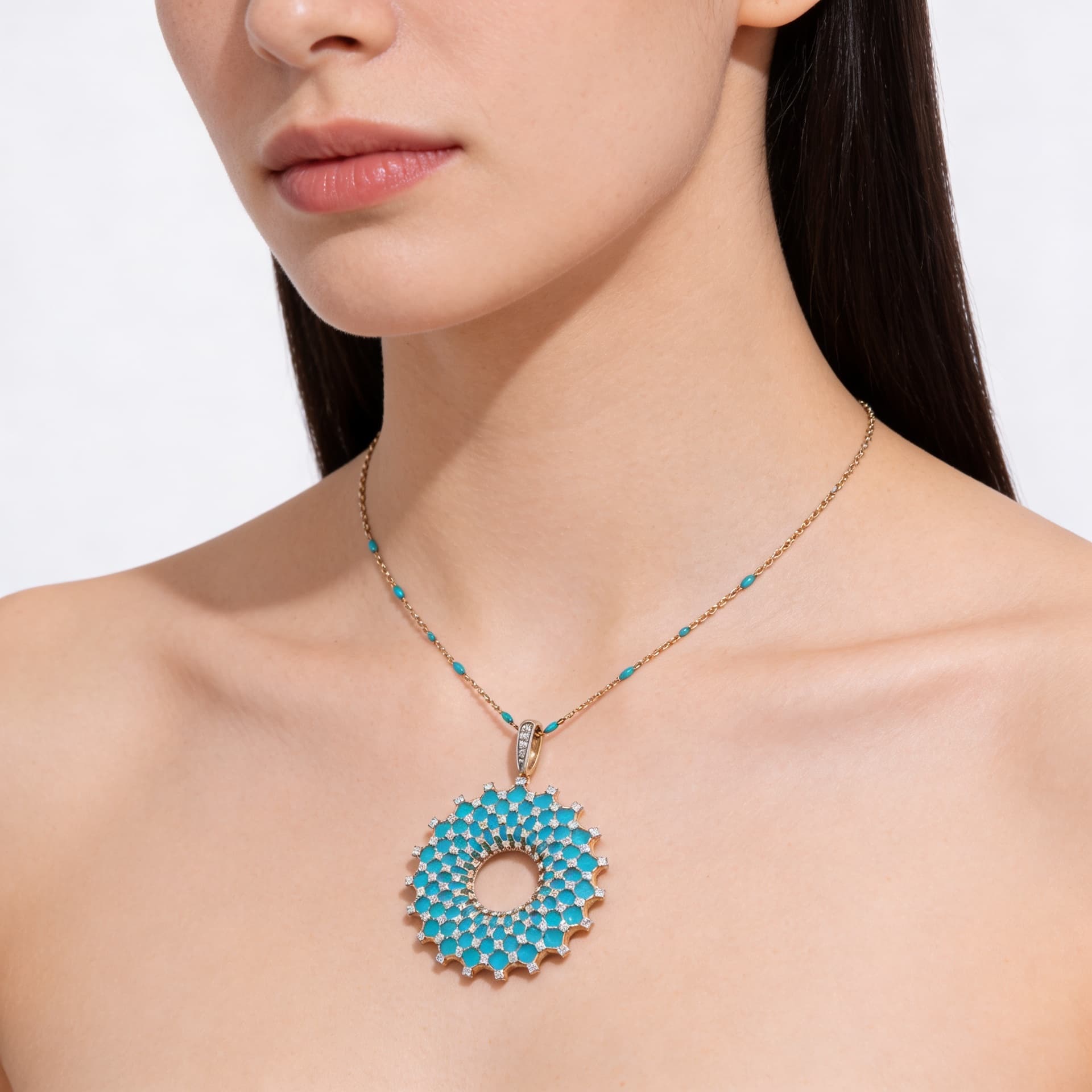 Ö d’Azure Radiant Halo Turquoise Enamel Diamond Pendant in Yellow Gold