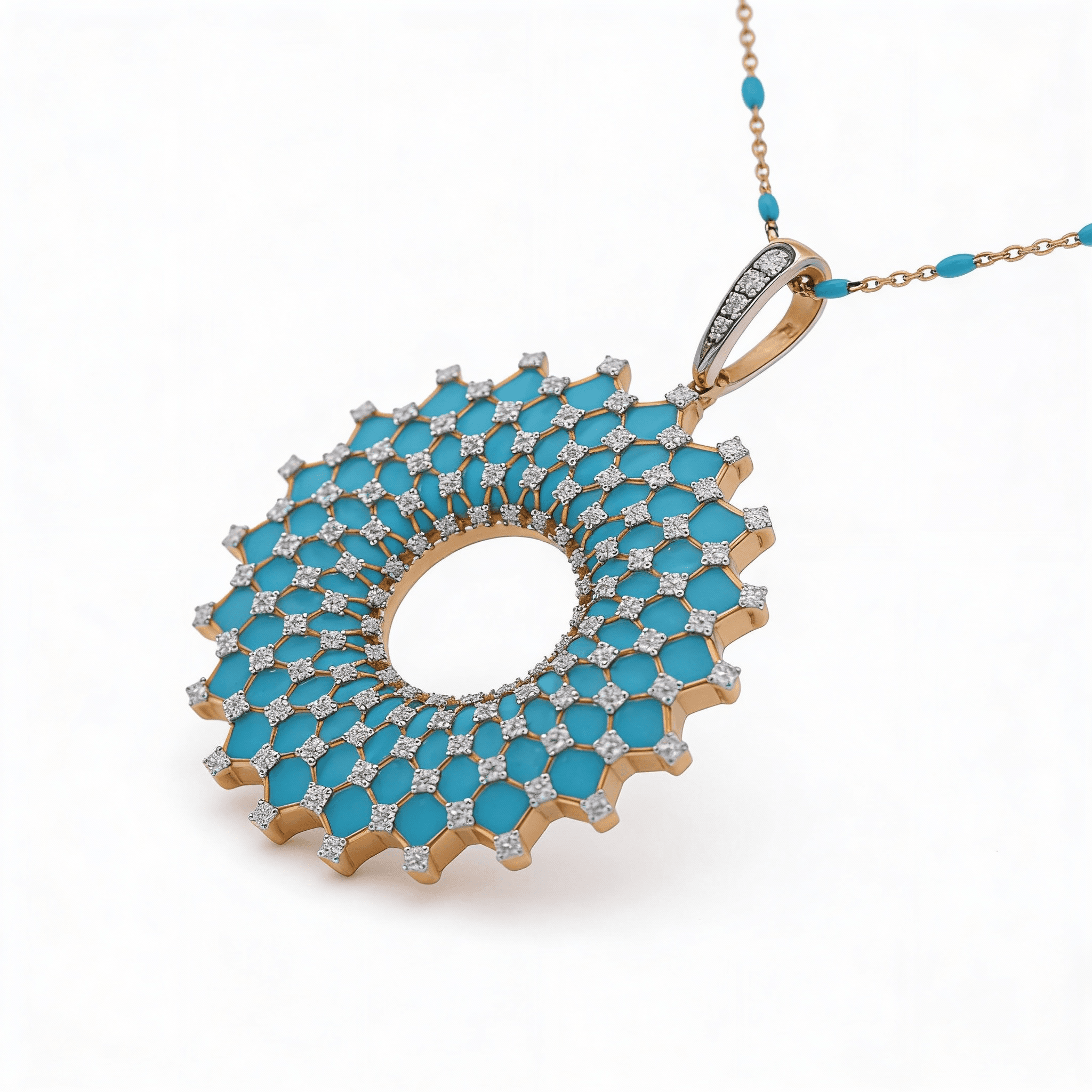 Ö d’Azure Radiant Halo Turquoise Enamel Diamond Pendant in Yellow Gold - 3