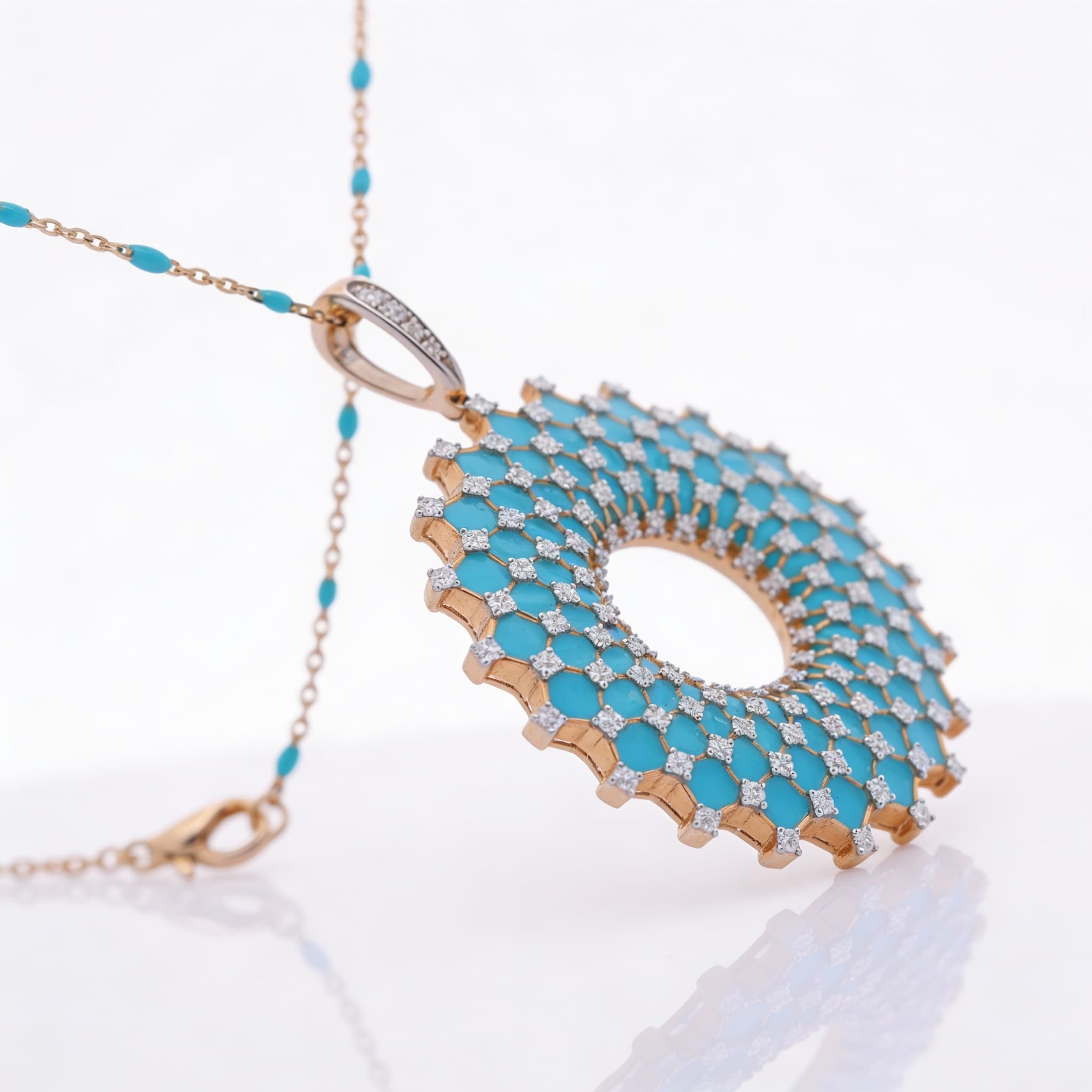 Ö d’Azure Radiant Halo Turquoise Enamel Diamond Pendant in Yellow Gold - 4