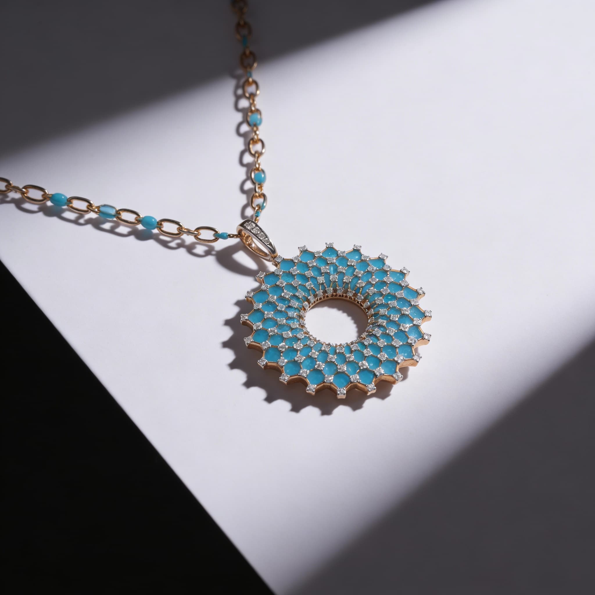 Ö d’Azure Radiant Halo Turquoise Enamel Diamond Pendant in Yellow Gold - 7