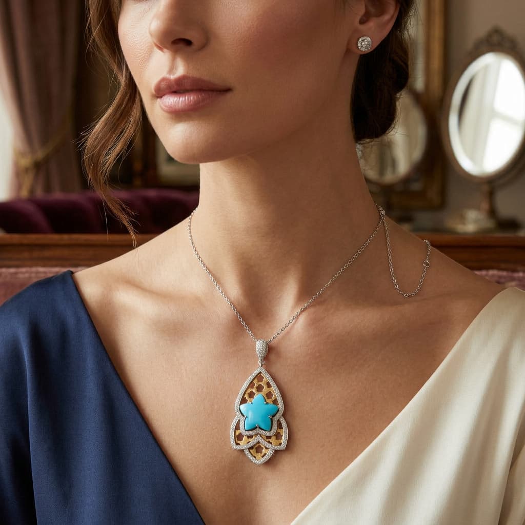 Ö d’Azure Turquoise Star Lace Diamond Pendant in White Gold
