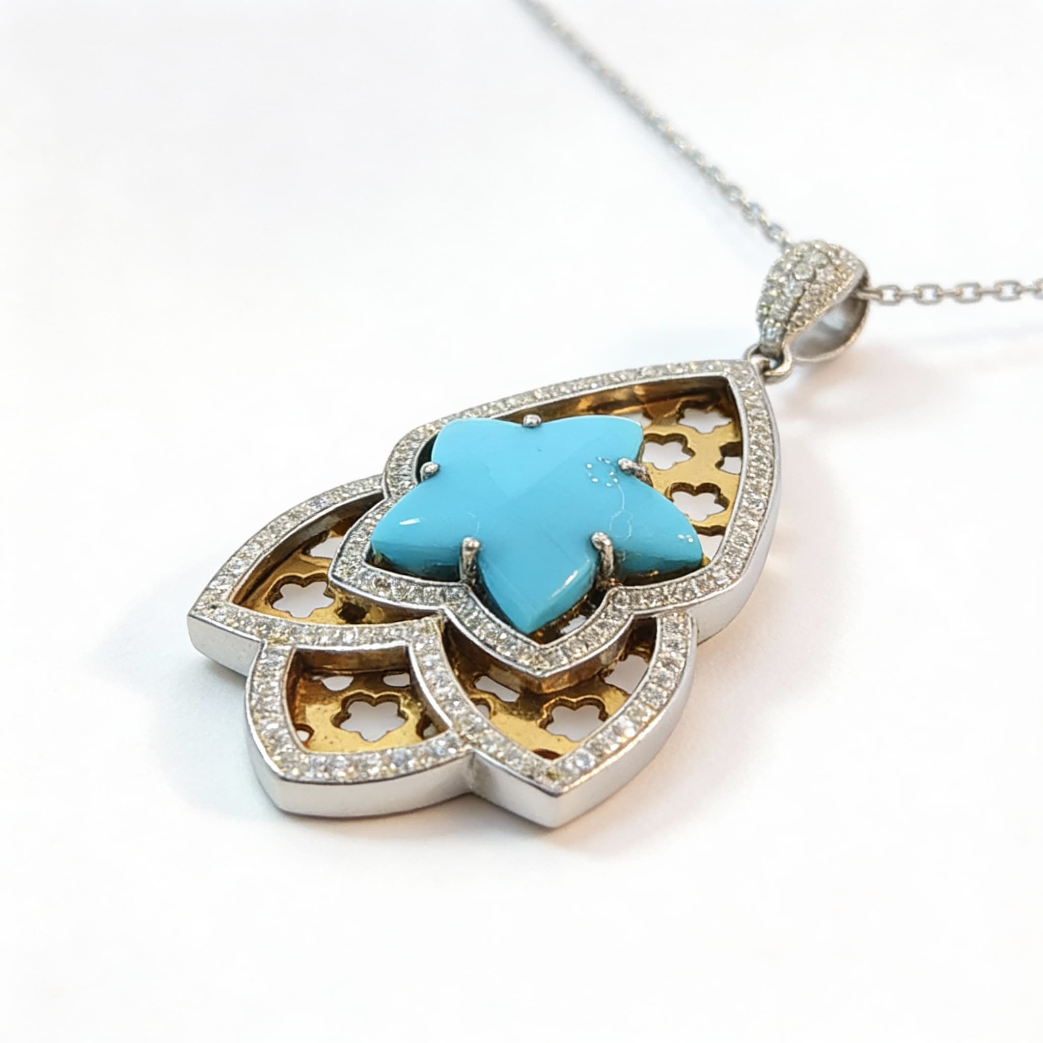 Ö d’Azure Turquoise Star Lace Diamond Pendant in White Gold - 3