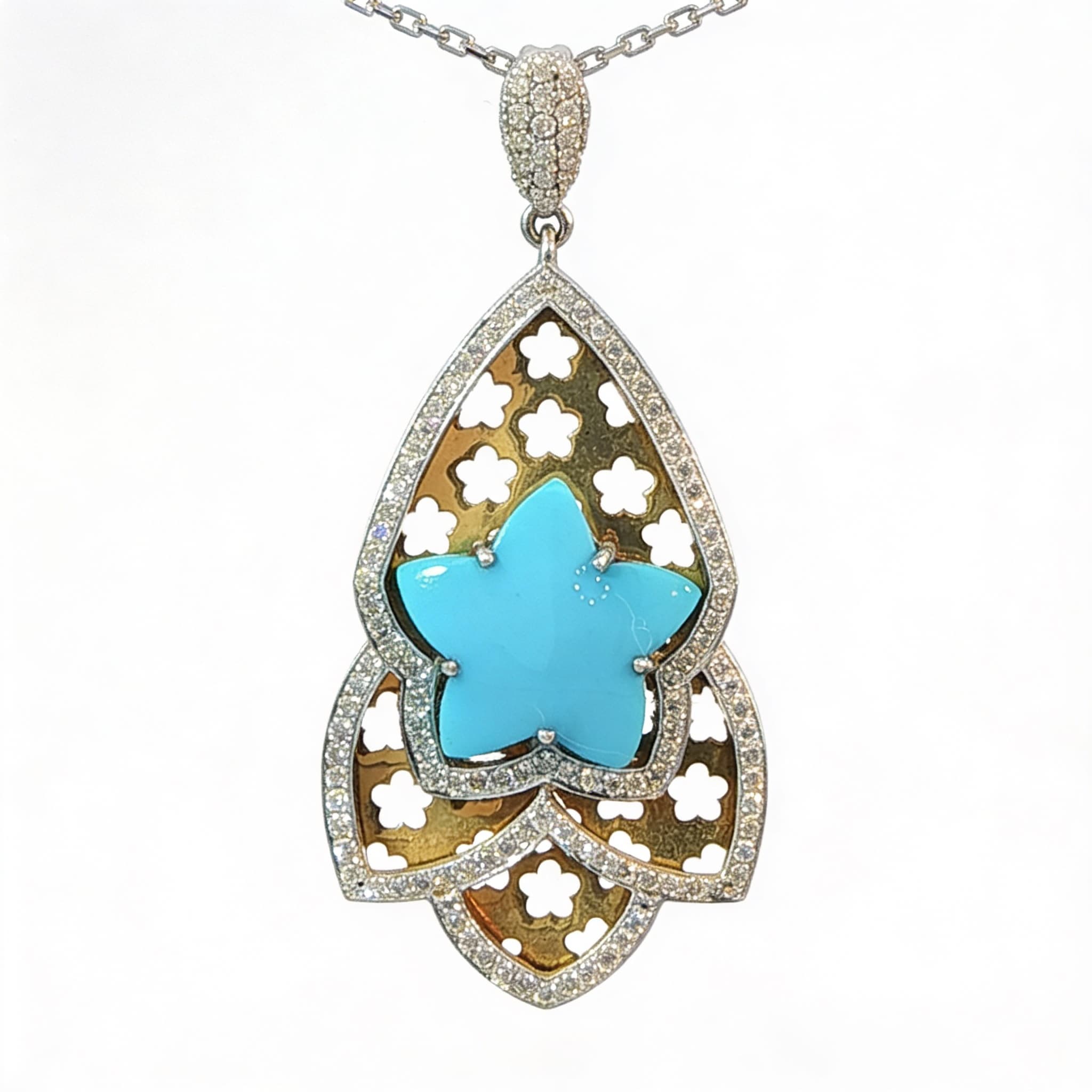 Ö d’Azure Turquoise Star Lace Diamond Pendant in White Gold - 4