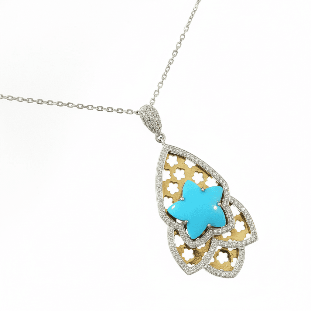 Ö d’Azure Turquoise Star Lace Diamond Pendant in White Gold - 5