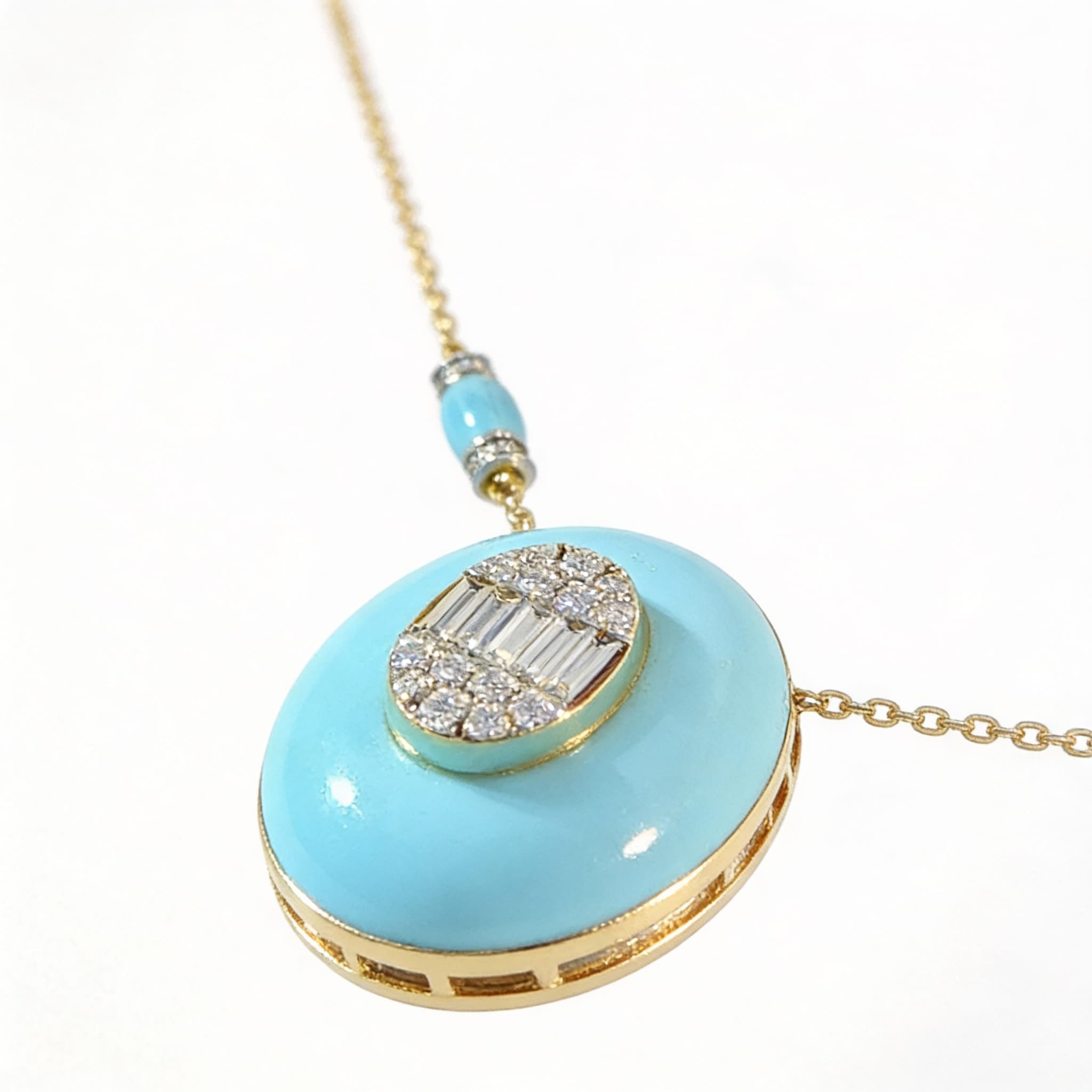 Ö d’Azure Dome Diamond Cluster Turquoise Enamel Pendant  in Yellow Gold - 3