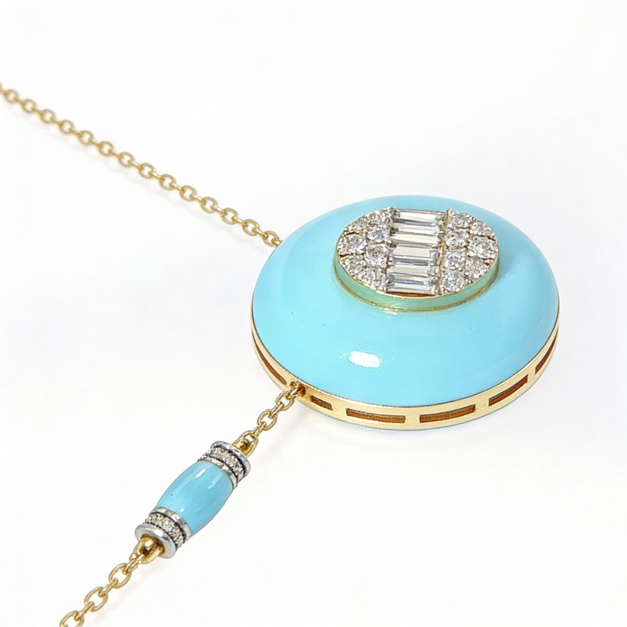 Ö d’Azure Dome Diamond Cluster Turquoise Enamel Pendant  in Yellow Gold - 4