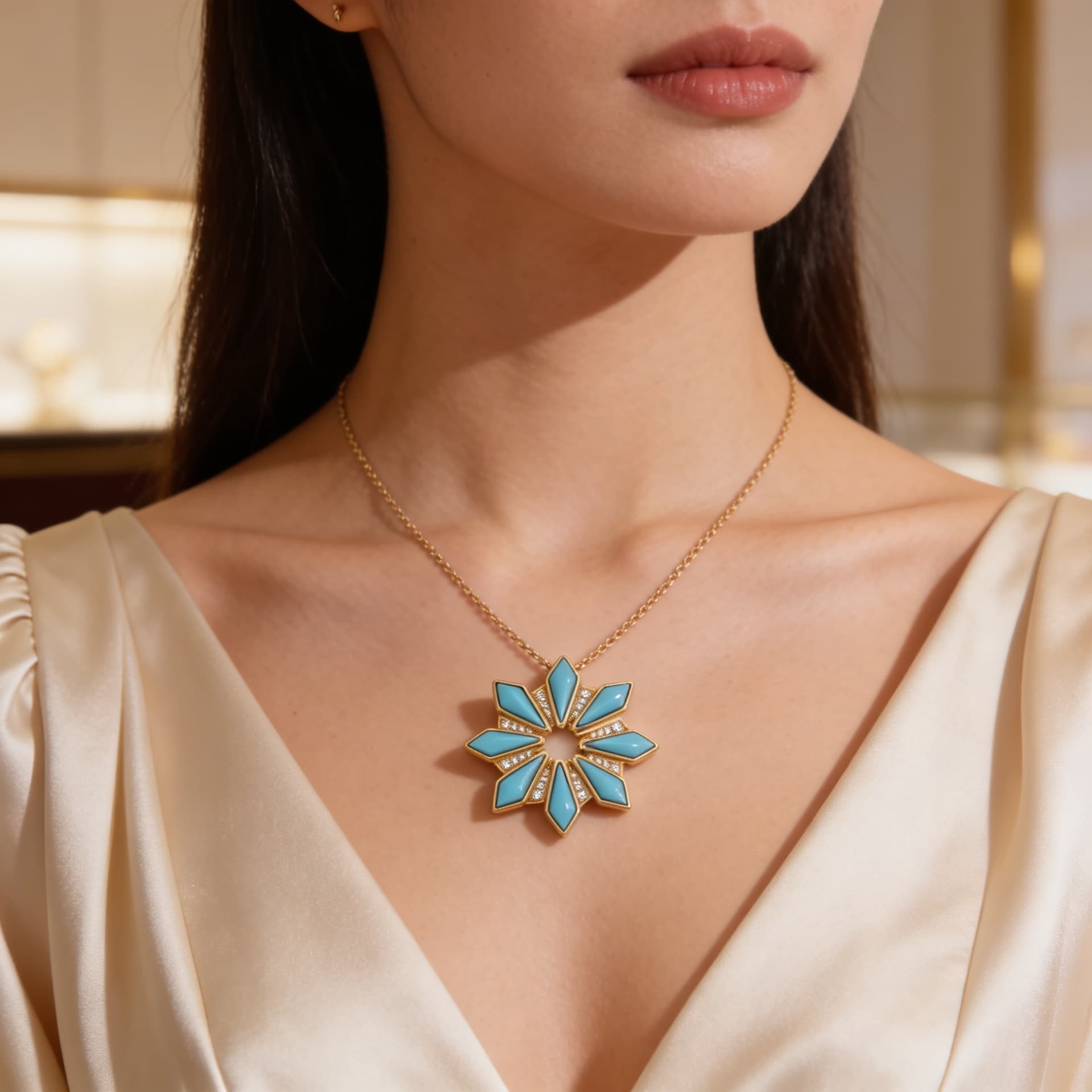 Ö d’Azure Turquoise Eight-Point Star Pendant in Yellow Gold with Pavé Diamonds