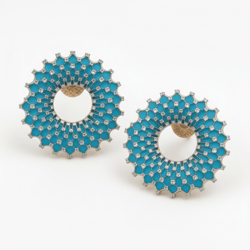 Ö d’Azure Radiant Halo Turquoise Enamel Diamond Studs  in Yellow Gold - 4