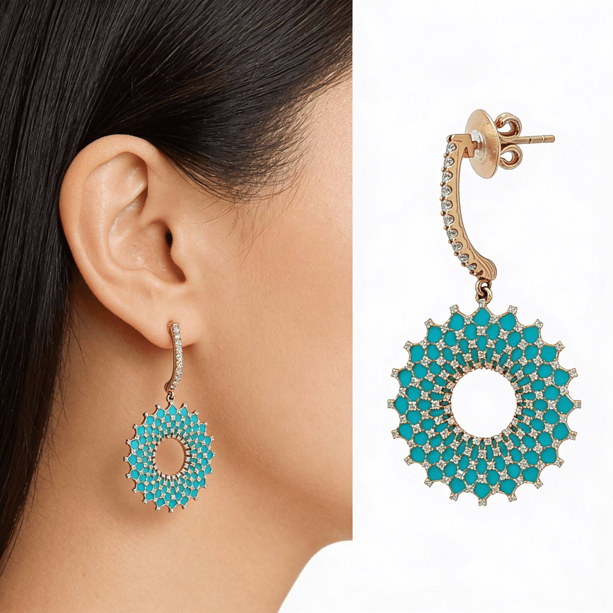 Ö d’Azure Radiant Halo Turquoise Enamel Diamond Earring Drops  in Yellow Gold
