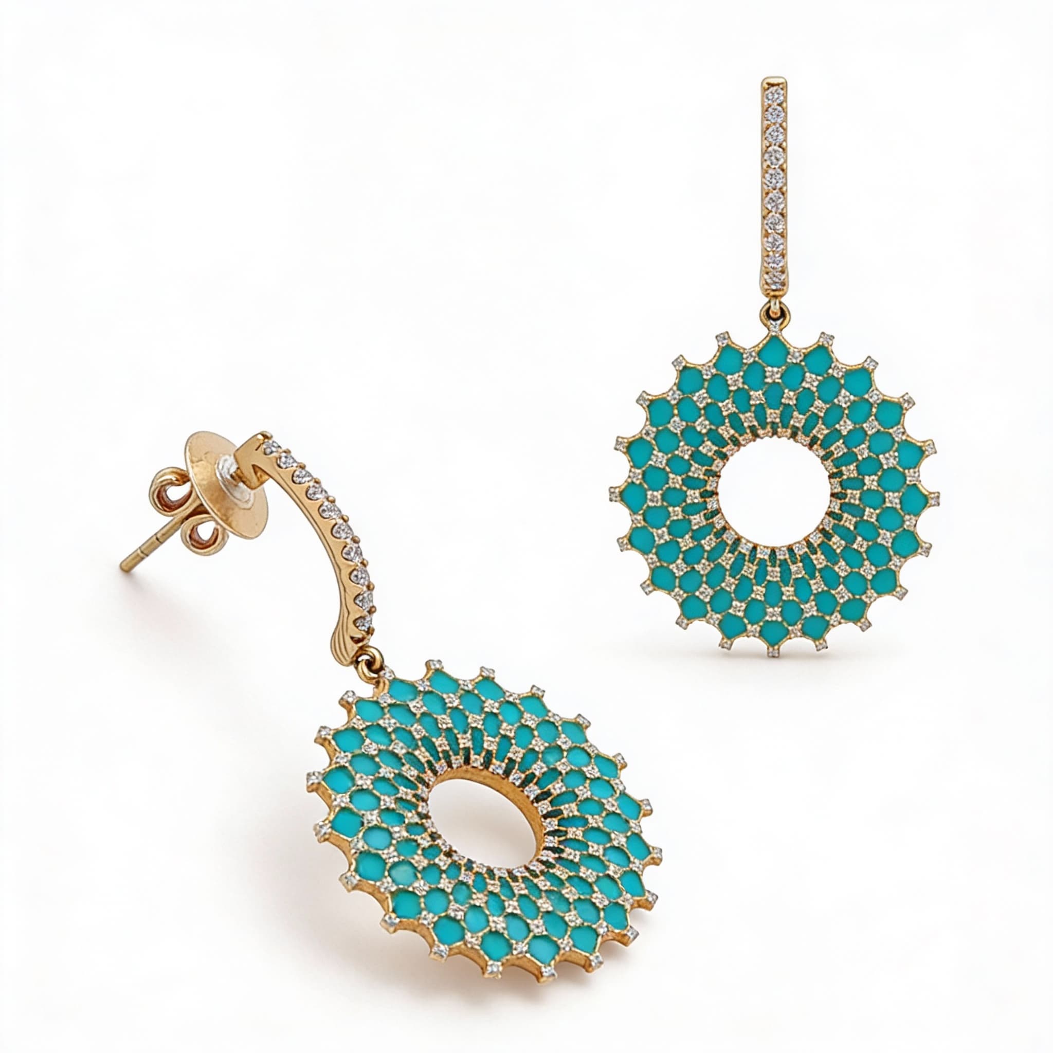 Ö d’Azure Radiant Halo Turquoise Enamel Diamond Earring Drops  in Yellow Gold - 3