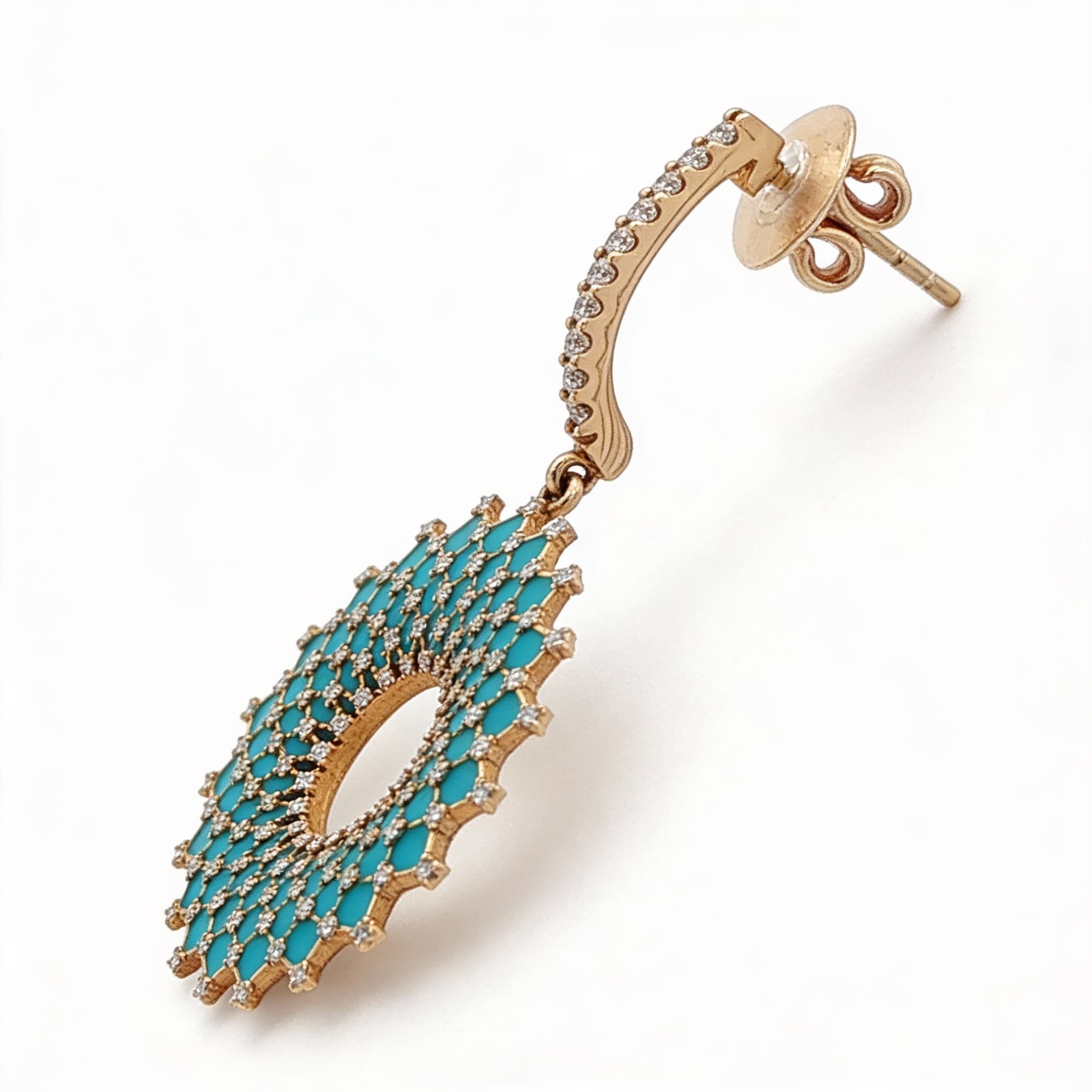 Ö d’Azure Radiant Halo Turquoise Enamel Diamond Earring Drops  in Yellow Gold - 4
