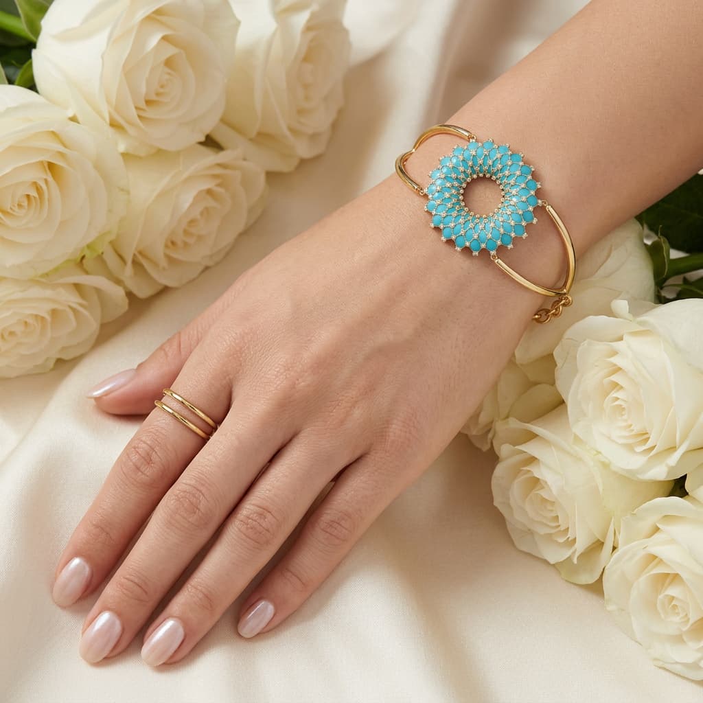 Ö d’Azure semi-rigid turquoise enamel diamond bracelet in Yellow Gold 