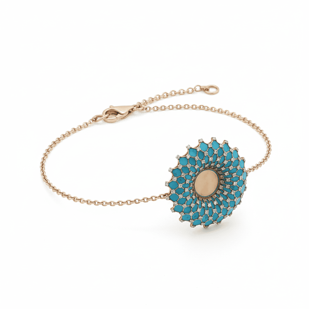 Ö d’Azure Radiant Halo Turquoise Enamel Diamond Chain Bracelet in Yellow Gold - 6