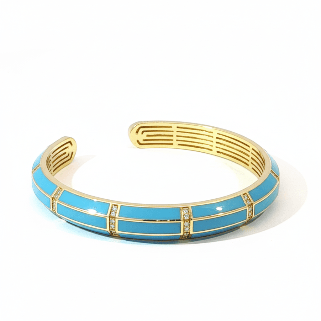 Ö d’Azure Open Bangle Turquoise Enamel Inlay Diamond Chain Bracelet in Yellow Gold - 3