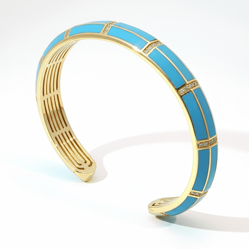 Ö d’Azure Open Bangle Turquoise Enamel Inlay Diamond Chain Bracelet in Yellow Gold - 4