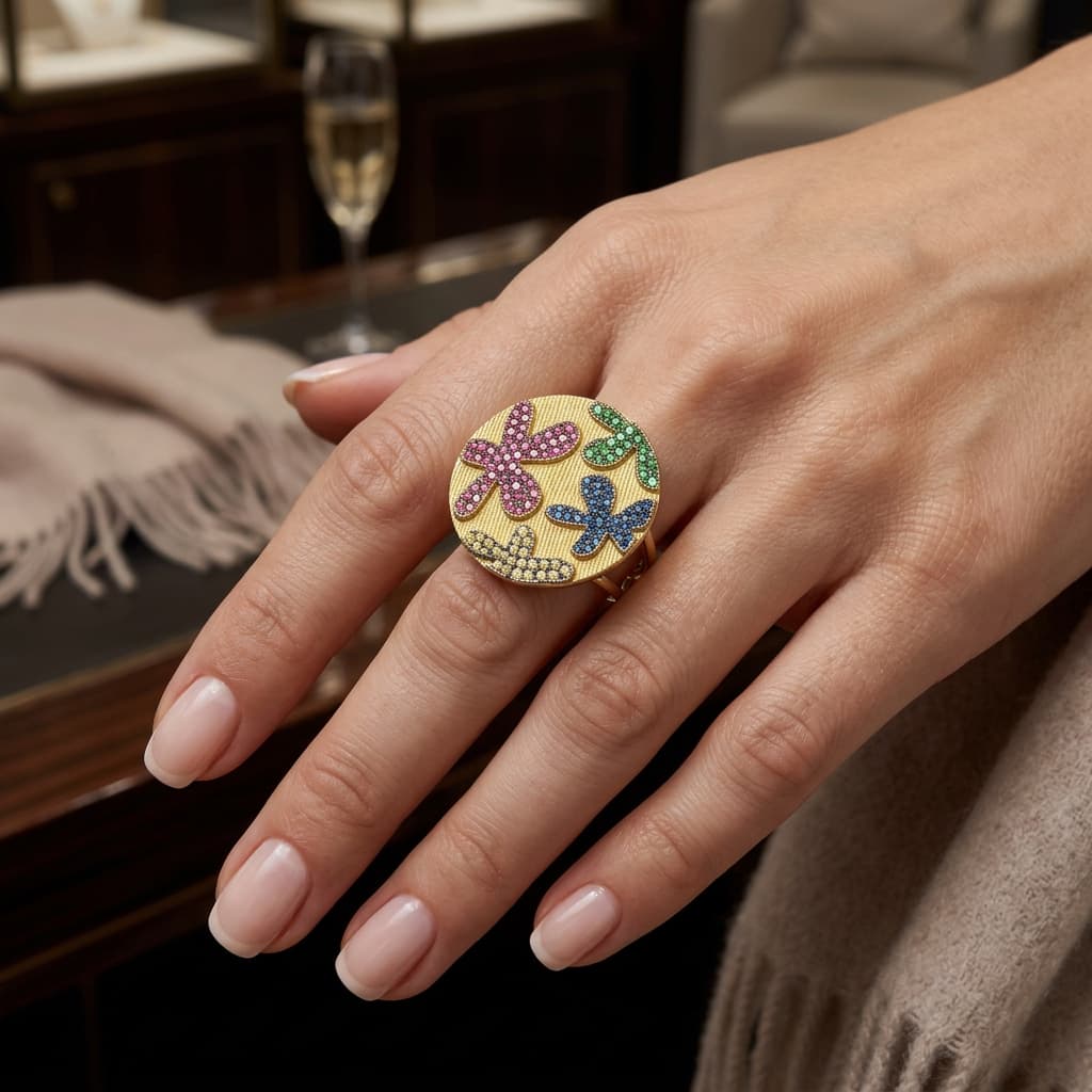 Eden’s Garden 3D Multi-Gem Floral Ring in Yellow Gold
