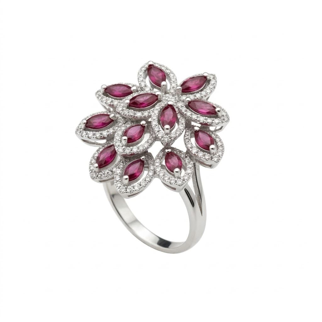 The Peregrinus Grand Ruby Floral Halo Ring