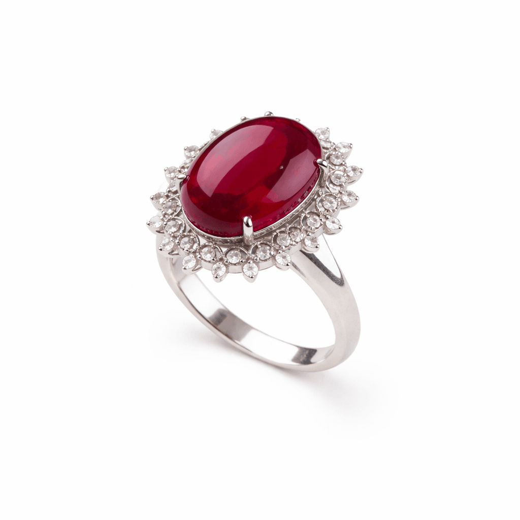 The Peregrinus Ruby Cabochon Halo Drops Ring