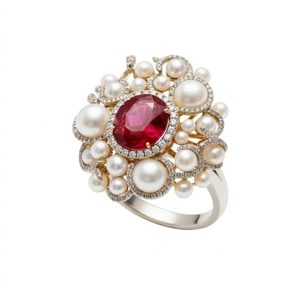 The Peregrinus Ruby Pearl Imperial Rosette Ring