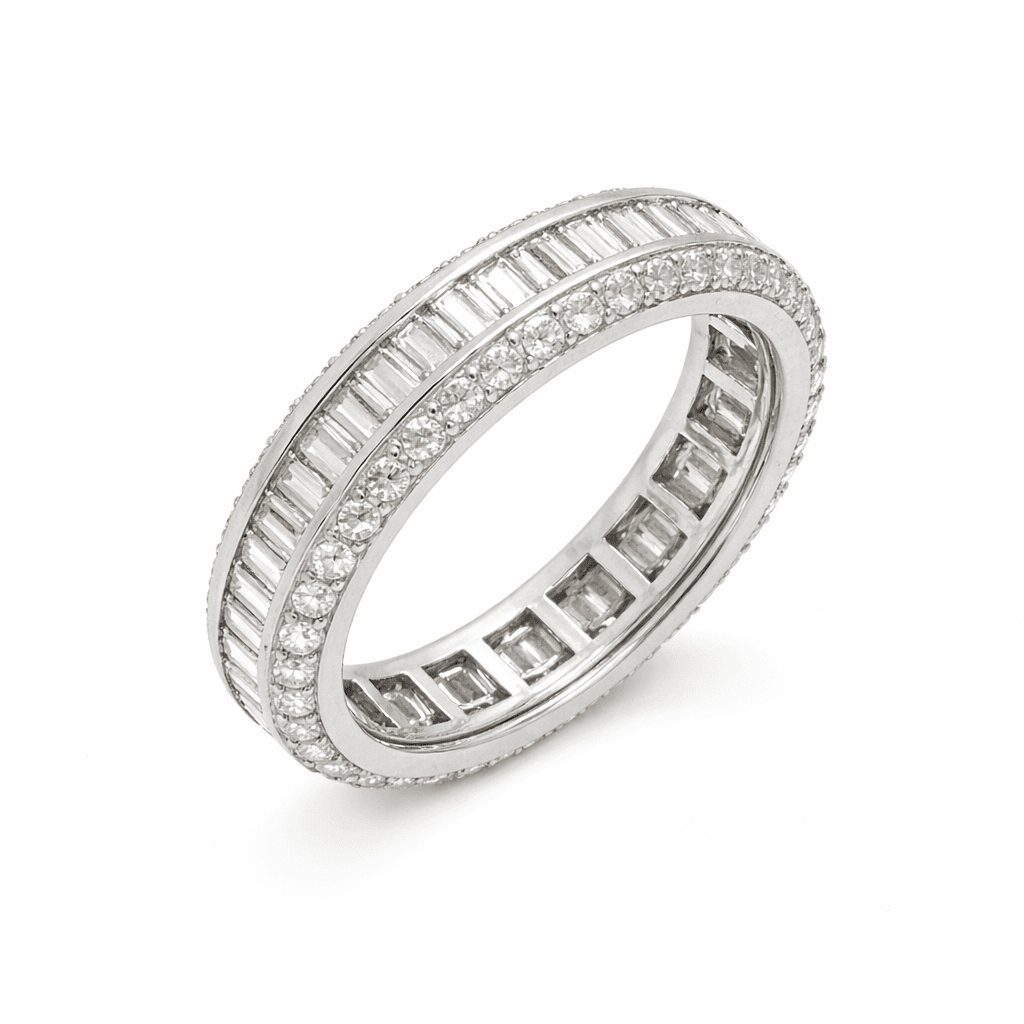 The Eternità Parallel Baguette Diamond Ring with Pavé Frame