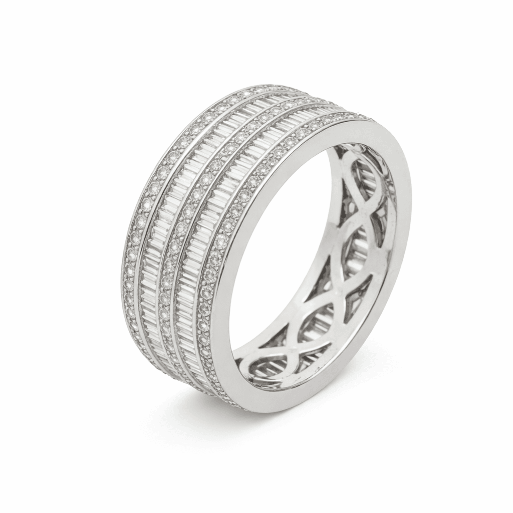The Eternità Stratified Baguette Diamond Ring with Pavé Bands