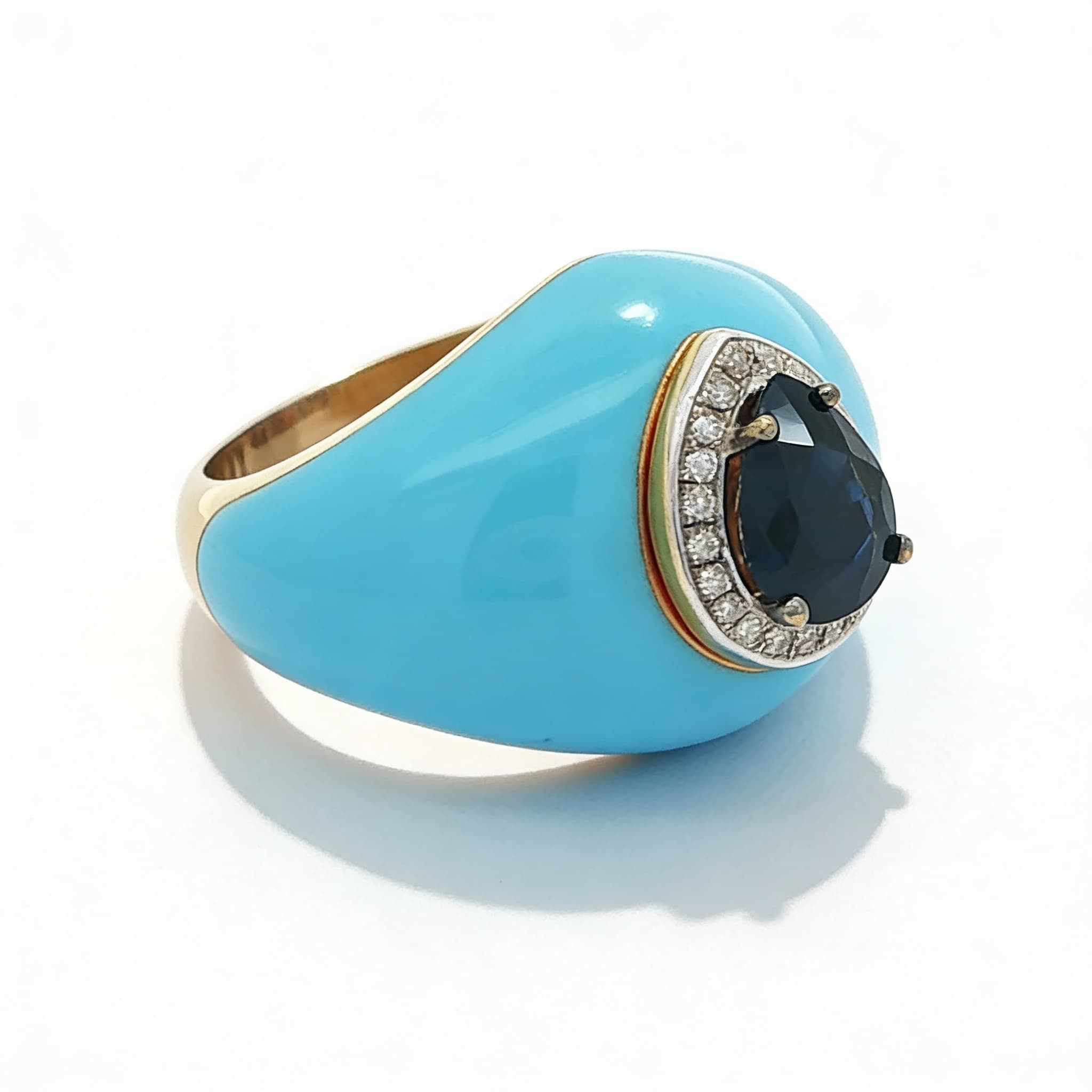 Ö d’Azure Sapphire Drop Turquoise Enamel Ring in Yellow Gold
