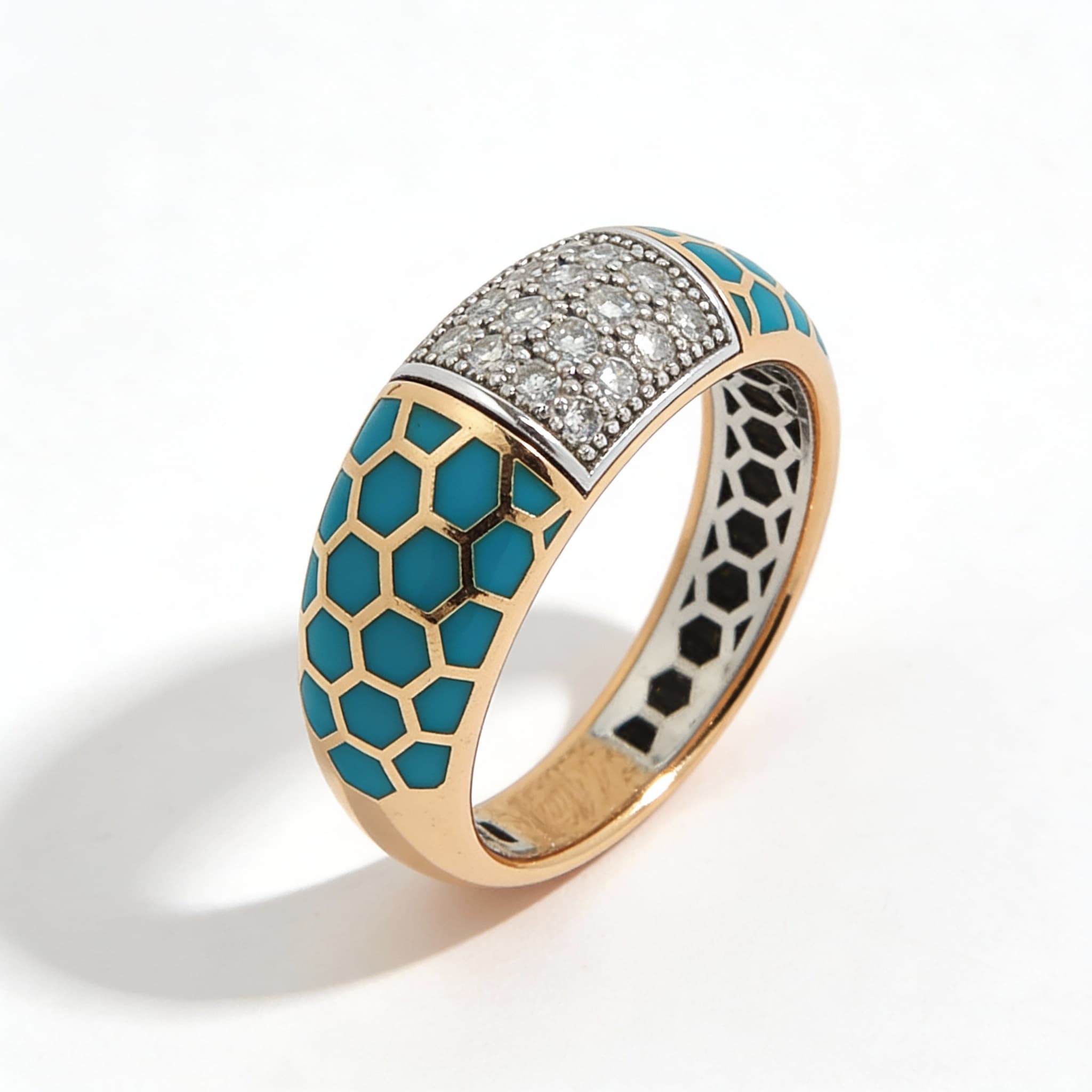 Ö d’Azure Hexagon Pavé Diamond Turquoise Enamel Band in Yellow Gold