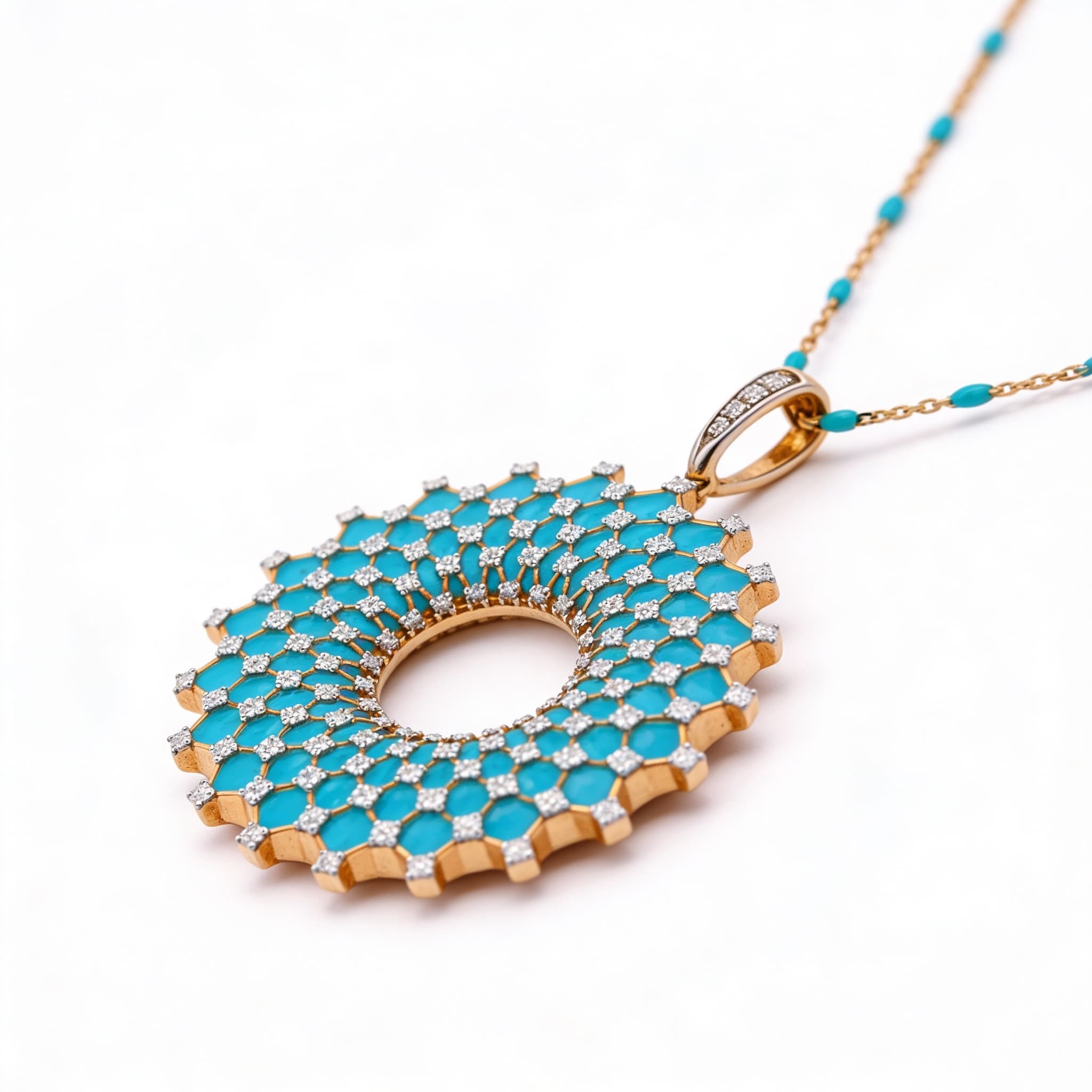 Ö d’Azure Radiant Halo Turquoise Enamel Diamond Pendant in Yellow Gold